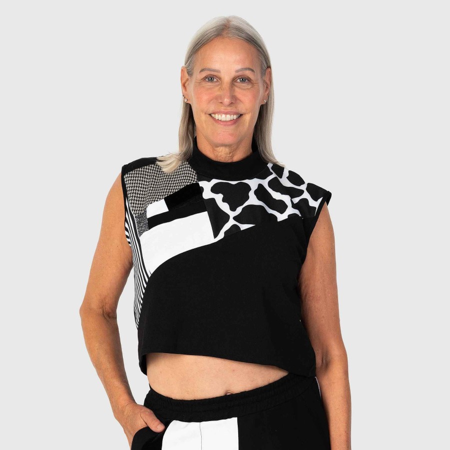 Tops Zero Waste Daniel Black + White 'All-Over Reroll' Cropped Mock Neck Tank Top